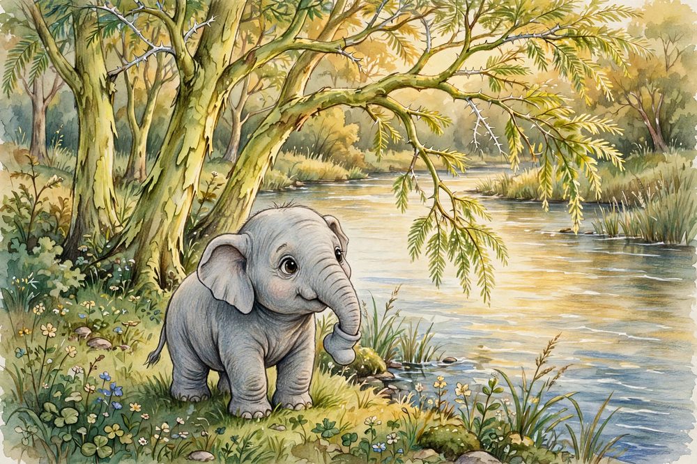 Illustration for Just So Stories: the Elephant's Child by the river