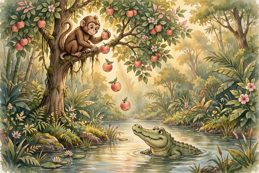 Illustration for Jataka Tales: the monkey and the crocodile