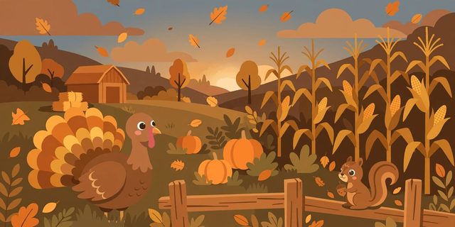 Illustration for Harvest Feast Math: a turkey, pumpkins, and a squirrel by a cornfield and barn in autumn