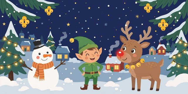 Illustration for Jingle Bell Math: a snowman, an elf, and a reindeer with a bell collar in a snowy village at night