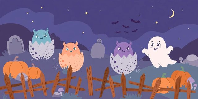 Illustration for Monster Mash Math: cute monsters hatching from speckled eggs in a graveyard at dusk, with a friendly ghost and pumpkins
